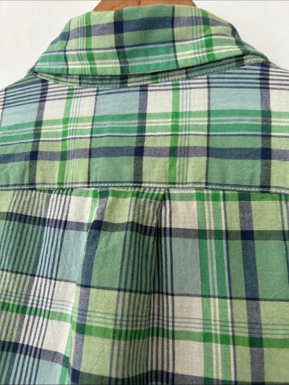 J Crew Indian Madras Shirt Sz L w MEASUREMENTS Kelly Green Plaid, Slim